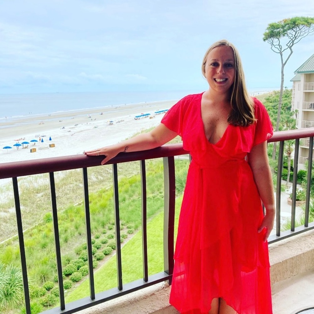 Red flowy ASOS dress with ruffles and tie waist